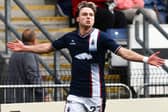 Ethan Ross celebrating his first goal during the Bairns’ 2-0 win against Ayr United at the Falkirk Stadium on Saturday (Photo: Michael Gillen)