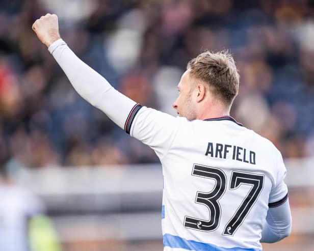 FALKIRK, SCOTLAND - FEBRUARY 08: Falkirk's Scott Arfield celebrates as he scores to make it 1-0 during a William Hill Championship match between Falkirk and Partick Thistle at The Falkirk Stadium, on February 08, 2025, in Falkirk, Scotland. (Photo by Paul Byars / SNS Group)