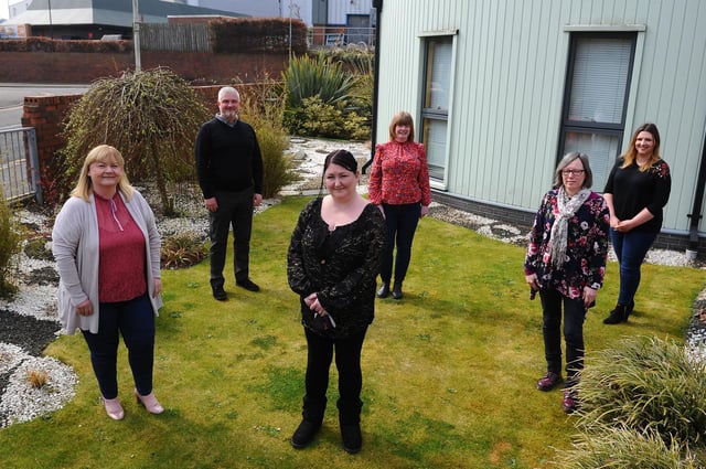 Falkirk and District Association for Mental Health staff and volunteers are celebrating the organisation's 40th birthday. Morag Fullard, operations manager; Ian Dickson, CEO; Bernadette Gillan, admin assistant; Michele Reap, social work manager; Janet Crawford, group worker; and June Harkin, marketing officer. Picture: Michael Gillen.