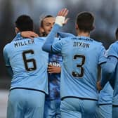 Aidan Nesbitt celebrates his goal at Dumbarton (Pic Michael Gillen)