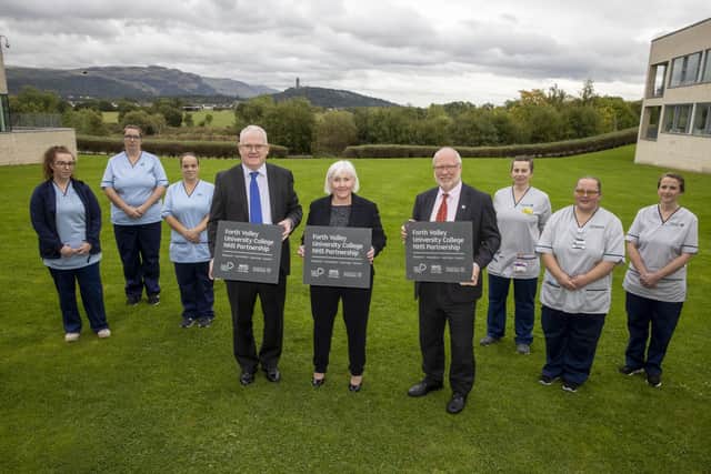 First formal regional partnership between a health board, university and college in Scotland launched - Professor Sir Gerry McCormac, Cathie Cowan, Professor Ken Thomson and NHS staff