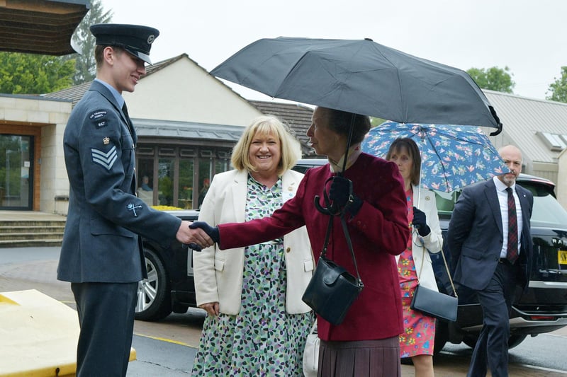 Deputy Lieutenant of Stirling and Falkirk, Mrs. Mary Pitcaithly and the Princess Royal as she meets a local cadet.