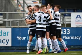 The Shire players celebrate after scoring against CS Strollers in their Lowland League opener last Saturday
