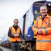 Scottish Transport Secretary Michael Matheson with the retired ScotRail Class 314 electric set which is being converted to a hydrogen-powered model at Bo'ness and Kinneil Railway.