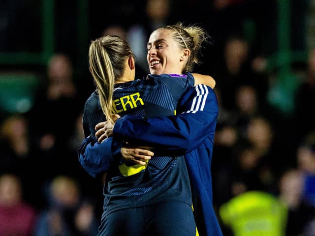 EDINBURGH , SCOTLAND - OCTOBER 29: Scotland's Nicola Docherty and Sam Kerr at Full Time during a UEFA Women's European Championship Qualifiers Play-off match between Scotland and Hungary at Easter Road, on October 29, 2024, in Edinburgh, Scotland. (Photo by Craig Foy / SNS Group)