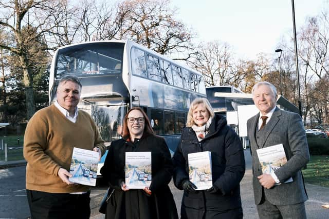 Forth Valley Connectivity Commission report launch , left to right, Councillor Chris Kane (Stirling), Councillor Ellen Forson (Clackmannanshire), CouncillorCecil Meiklejohn (Falkirk), and commission chair Bob Duff. Pic: Conributed