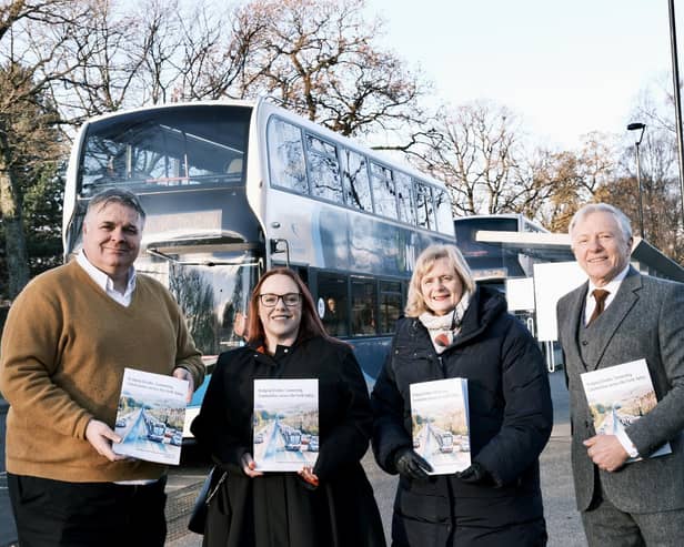 Forth Valley Connectivity Commission report launch , left to right, Councillor Chris Kane (Stirling), Councillor Ellen Forson (Clackmannanshire), CouncillorCecil Meiklejohn (Falkirk), and commission chair Bob Duff. Pic: Conributed