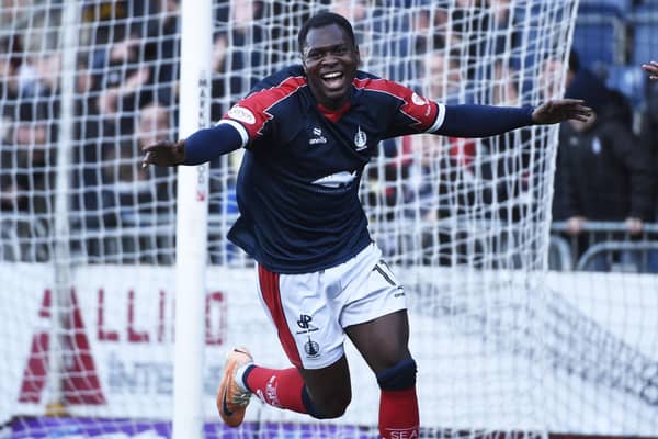 Alfredo Agyeman celebrates after scoring during Falkirk's 5-1 win over Cove Rangers (Photo: Michael Gillen)