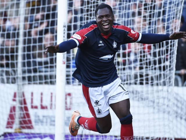 Alfredo Agyeman celebrates after scoring during Falkirk's 5-1 win over Cove Rangers (Photo: Michael Gillen)