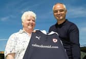 Pictured in 2015, Val McDermid with former manager Ray McKinnon at the unveiling of a Raith Rovers new strip. Picture: SNS