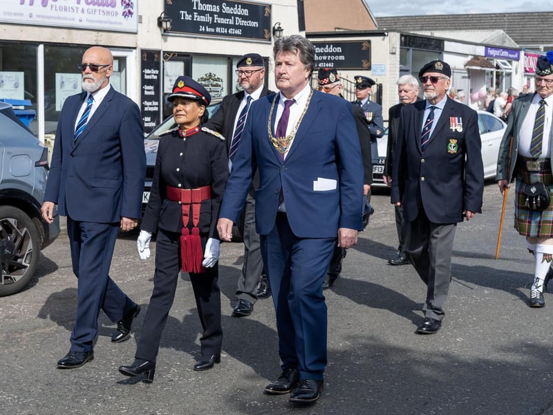 Councillor Alan Nimmo, Baljit Dhillon DL and Provost Robert Bissett head back to the British Legion in Dundas Street
