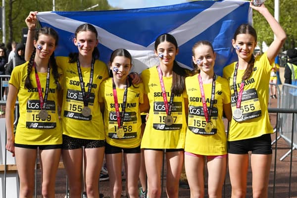 Falkirk Victoria Harriers youngster Corri McCougan, pictured fourth from left, was one of two local athletes taking part in the London Mini Marathon last weekend (Photo: Neil Renton)