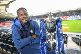 Alfredo Agyeman with the SPFL Trust Trophy at Hampden Park (Photo: Craig Watson/SPFL Trust)