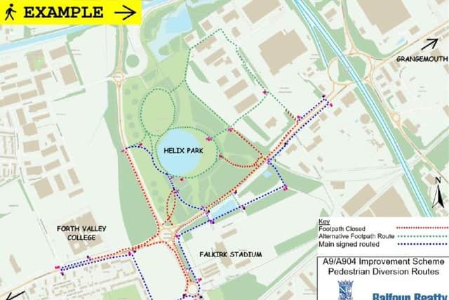 There are three signed footpath diversions in place, which are marked out in the image above in blue. Pic: Falkirk Council