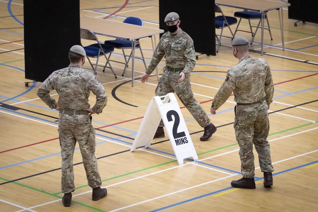 Members of the Royal Scots Dragoon Guard carry out a reconnaissance before setting up a Covidâ€“19 vaccination centre at the Ravenscraig Regional Sports Facility in Motherwell