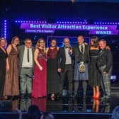 The Helix was awarded Best Visitor Attraction Experience at the Scottish Thistle Awards regional finals for Central, Fife & Tayside. Left to right - News Scotland Head of Partnerships, Gemma Mair with Lisa Wilson, Jason Bradshaw, Joanna Silva, Jennifer Struthers, David Moody, Alan Hunter, presenter Jean Johansson and Jack Rolland from The Helix, Home of the Kelpies.