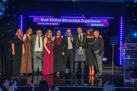 The Helix was awarded Best Visitor Attraction Experience at the Scottish Thistle Awards regional finals for Central, Fife & Tayside. Left to right - News Scotland Head of Partnerships, Gemma Mair with Lisa Wilson, Jason Bradshaw, Joanna Silva, Jennifer Struthers, David Moody, Alan Hunter, presenter Jean Johansson and Jack Rolland from The Helix, Home of the Kelpies.