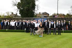 13-04-2024. Picture Michael Gillen. POLMONT. Polmont Bowling Club 150th Anniversary, memorial garden and green opening. Club members; committee; Martyn Gray, President and Ann Spiers, Vice President look on as Martyn's wife, Lauren Gray opens the green.