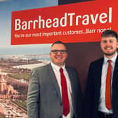 Barrhead Travel Falkirk's director Greig Avinou and sales director Kieran McVeigh celebrate the team's top award