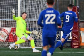 Cove Rangers striker Mitch Megginson wheels away after finishing past Darren Jamieson to make it 2-0 on Saturday afternoon (Photo: Michael Gillen)