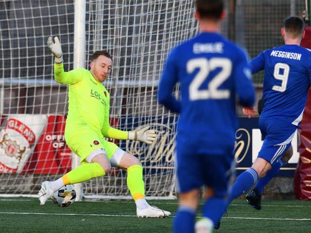Cove Rangers striker Mitch Megginson wheels away after finishing past Darren Jamieson to make it 2-0 on Saturday afternoon (Photo: Michael Gillen)