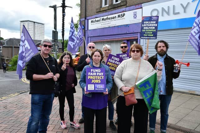 Striking Forth Valley College lecturers gathered outside the constituency office of Michael Matheson MSP during a previous period of industrial action in May.  (Pic: Michael Gillen)