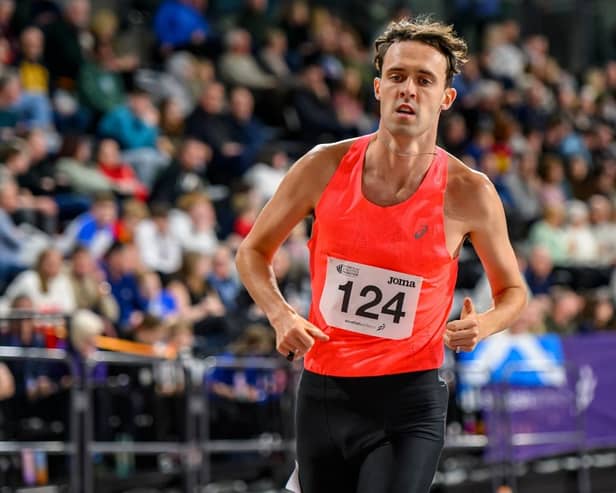 Vics’ Kane Elliot on his way to a third place finish (3:40.75) in the EAP Indoor International 1500m race (Pictures by Bobby Gavin/Scottish Athletics)