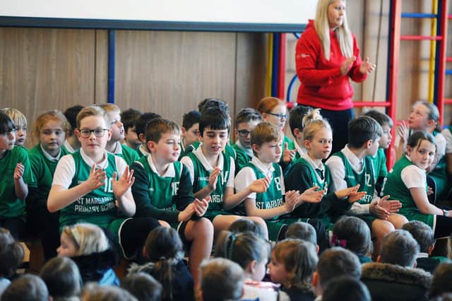 St Margarets Primary School receiving sportscotland Gold Award. Jen Cairns active schools coordinator. (Pic: Michael Gillen)