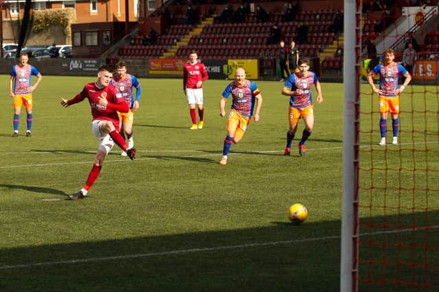Tommy Muir has scored twice in Stenhousemuir's last two games including a penalty against Queen's Park (Pics: Scott Louden)