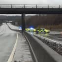 A number of police vehicles at a serious crash on the M80 at Haggs in Falkirk on Saturday (Photo: Road Policing Scotland).