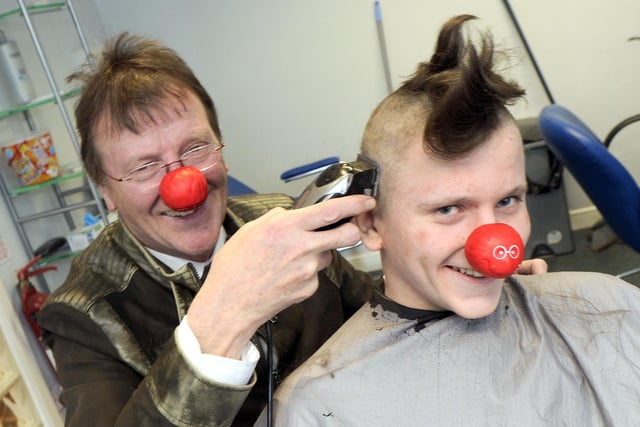Sam Hurrell, of Graeme High, had his head shaved for comic relief by barber David Taylor at Romar Hair Salon in Laurieston in 2011.