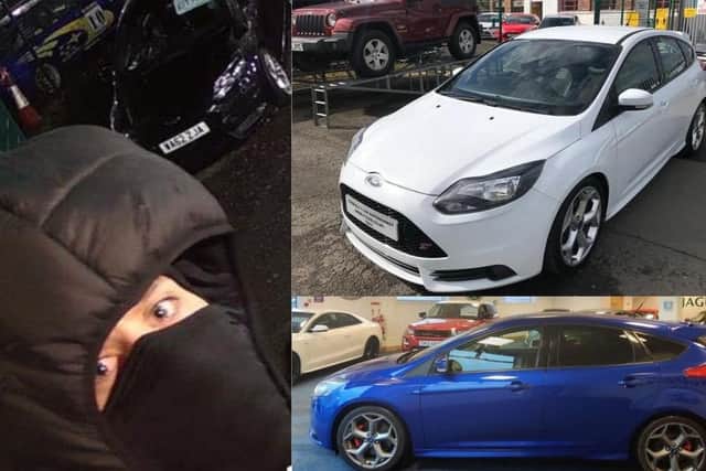 The two cars which have been stolen, along with a CCTV image of a trespasser on the night of the incident.