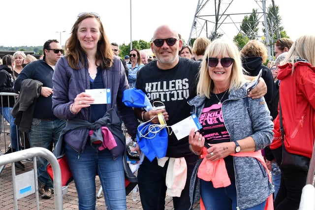 Super fans and friends - Claire Hartley from Warrington, David Rogers from Falkirk and Jackie West from Grangemouth at the front of the queue.