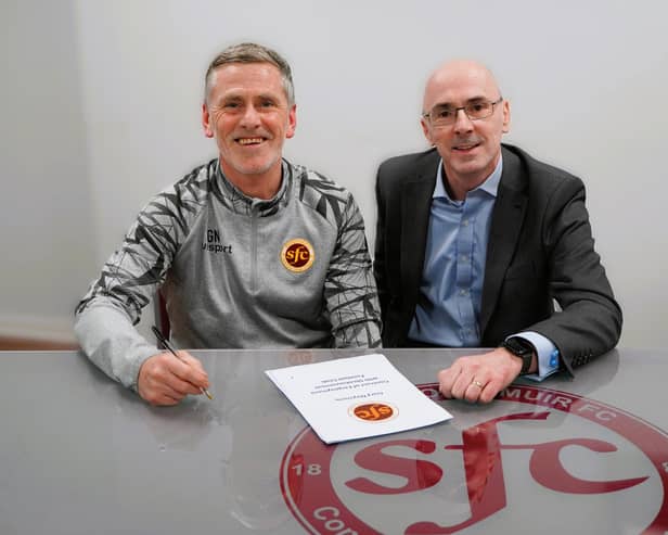 DELIGHTED DUO: Stenhousemuir boss Gary Naysmith alongside chairman Iain McMenemy after penning a new contract (Photo: Tom Frame)
