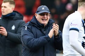 09-03-2024. Picture Michael Gillen. STIRLING. Forthbank Stadium. Stirling Albion FC v Falkirk FC. Season 2023 - 2024. Matchday 28. SPFL cinch League One. John McGlynn smiling at the end of the game.