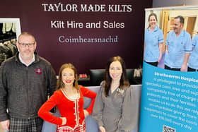 Glen Somerville from Taylor Made Kilts joins Isla Mitchelson, award winning dancer from CH Dance School and Claire Kennedy from Strathcarron Hospice
(Picture: Submitted)