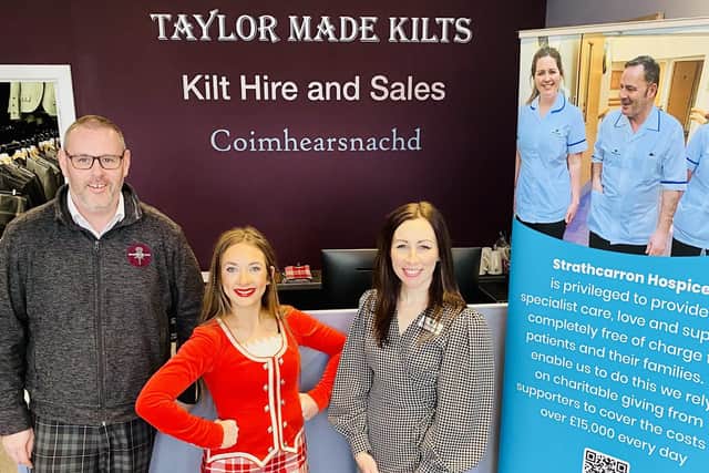 Glen Somerville from Taylor Made Kilts joins Isla Mitchelson, award winning dancer from CH Dance School and Claire Kennedy from Strathcarron Hospice
(Picture: Submitted)