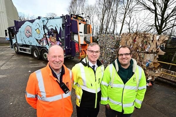 John Kirkhope and Barry Neill of Falkirk Council with Councillor Bryan Deakin. Pic: Contributed
