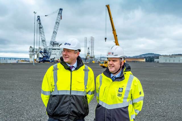 Alex Fyfe, managing birector of OM Heavy Lift joins David Webster, director of energy at Forth Ports on site