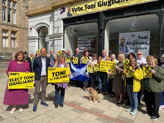 Falkirk SNP candidate Toni Giugliano  is joined by MSPs Fiona Hyslop and Michelle Thomson as his general election campaign was launched. Pic: Contributed