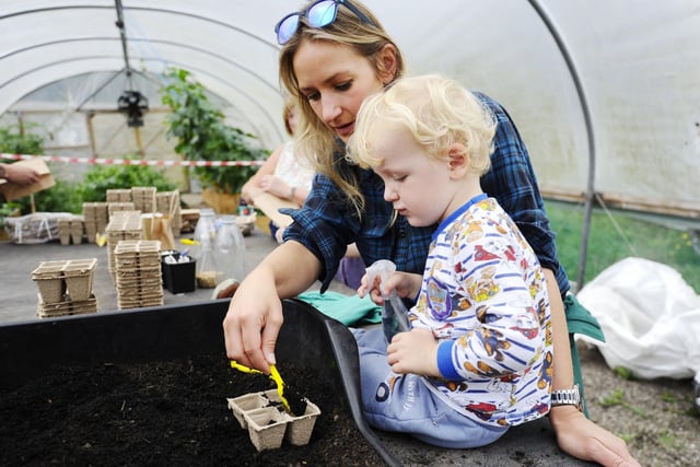 Archie Scott (3) with mum Stephanie Scott is busy planting.