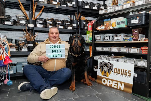 Doug Pitcaithly and his four legged pal celebrate Doug's Dug Treats big win at the recent SME News British Made Awards
(Picture: Mark Ferguson)