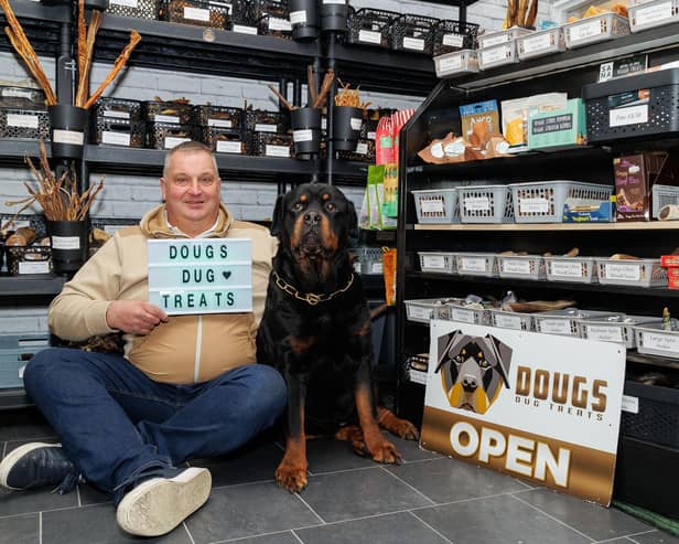 Doug Pitcaithly and his four legged pal celebrate Doug's Dug Treats big win at the recent SME News British Made Awards
(Picture: Mark Ferguson)
