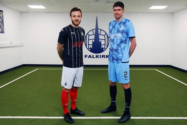 New Falkirk signings Steven Hetherington and Ryan Williamson model the 2021/22 home and away kits