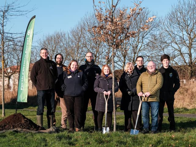 Pictured from left to right: Alistair Seaman, Woodland Trust Scotland; Douglas Worrall, Director of Forth Climate Forest, University of Stirling; Alice MacPherson, RSPB; James Stead, RSPB; Claire Gibson, Energy and Climate Change Coordinator, Falkirk Council; Councillor Cecil Meiklejohn, Falkirk Council Leader; Josh Thornhill, The Conservation Volunteers; William Martin, Friends of Rannoch Park; Gregor McLeod, The Conservation Volunteers.