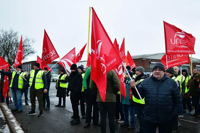 Hundreds of workers downed tools at Camelon coach builders Alexander Dennis Ltd (ADL) last December and are now taking another two weeks of strike action in January
(Picture: Michael Gillen, National World)