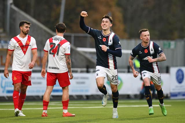 Keelan Adams celebrates his second Falkirk goal (Photo: Michael Gillen)