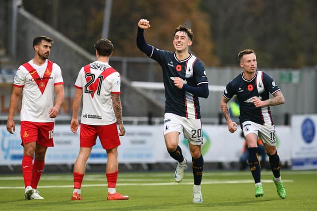 Keelan Adams celebrates his second Falkirk goal (Photo: Michael Gillen)