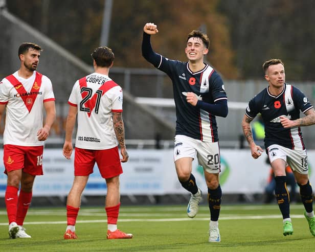 Keelan Adams celebrates his second Falkirk goal (Photo: Michael Gillen)