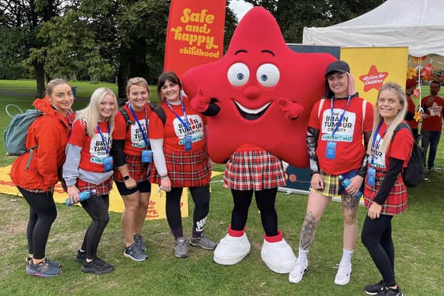 Chloe Mackenzie (left) with fellow Kiltwalk fundraisers from her Girl PWR gym Laura, Rachel, Danielle, Jodi and Morgan.  They were raising funds for The Brain Tumour Charity.